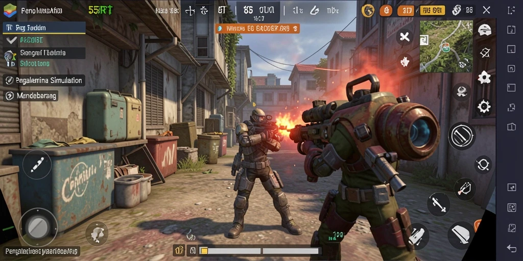 Screenshot gameplay 55RT menampilkan pembangunan dan interaksi dalam game simulation.