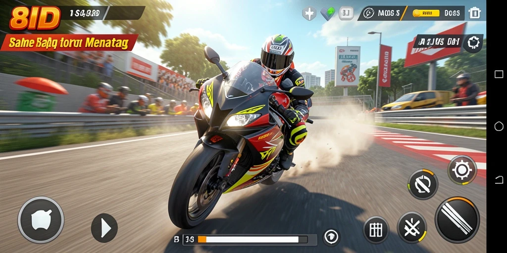 Tampilan gameplay yang menarik dari 8ID, menampilkan balapan motor penuh aksi.