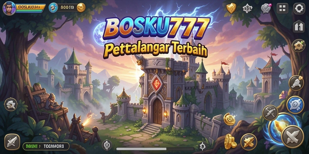 Screenshot gameplay BOSKU777 menampilkan pertahanan menara yang strategis.