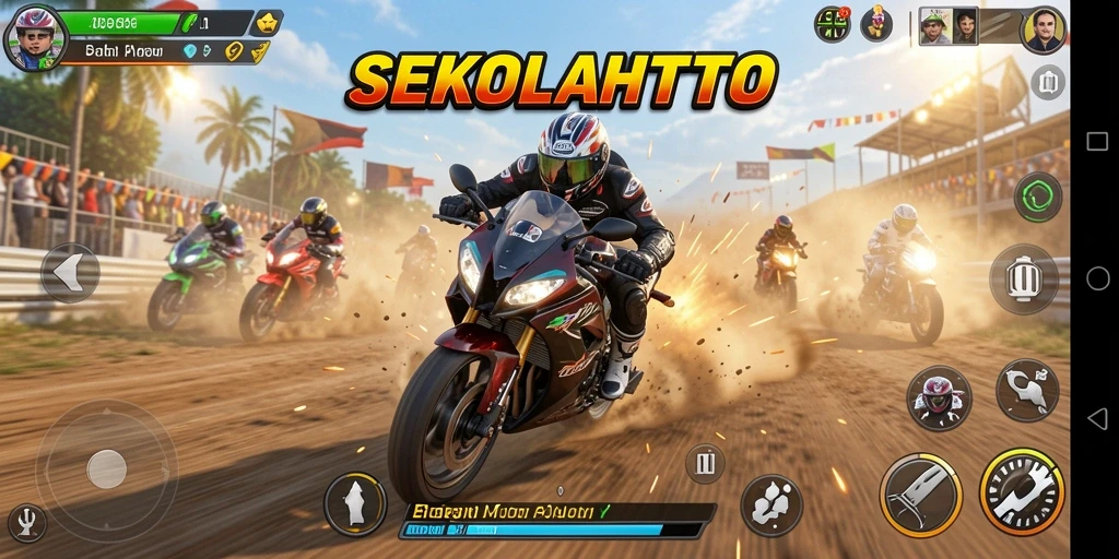 Tampilan gameplay menegangkan di SEKOLAHTOTO yang menunjukkan balapan motor.